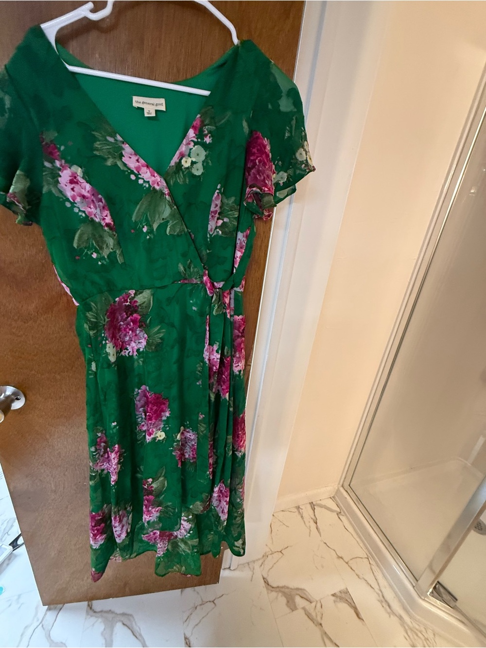 The General Good Stitch Fix Green Floral Wrap High-Low Dress with Pink Blooms